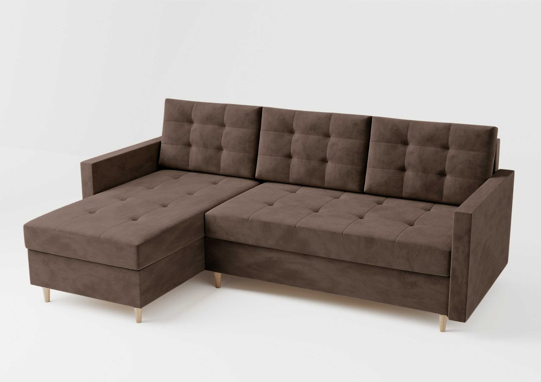 Skandynawski narożnik na drewnianych nogach rozkładany. Pikowana rogówka w kolorze brązowym